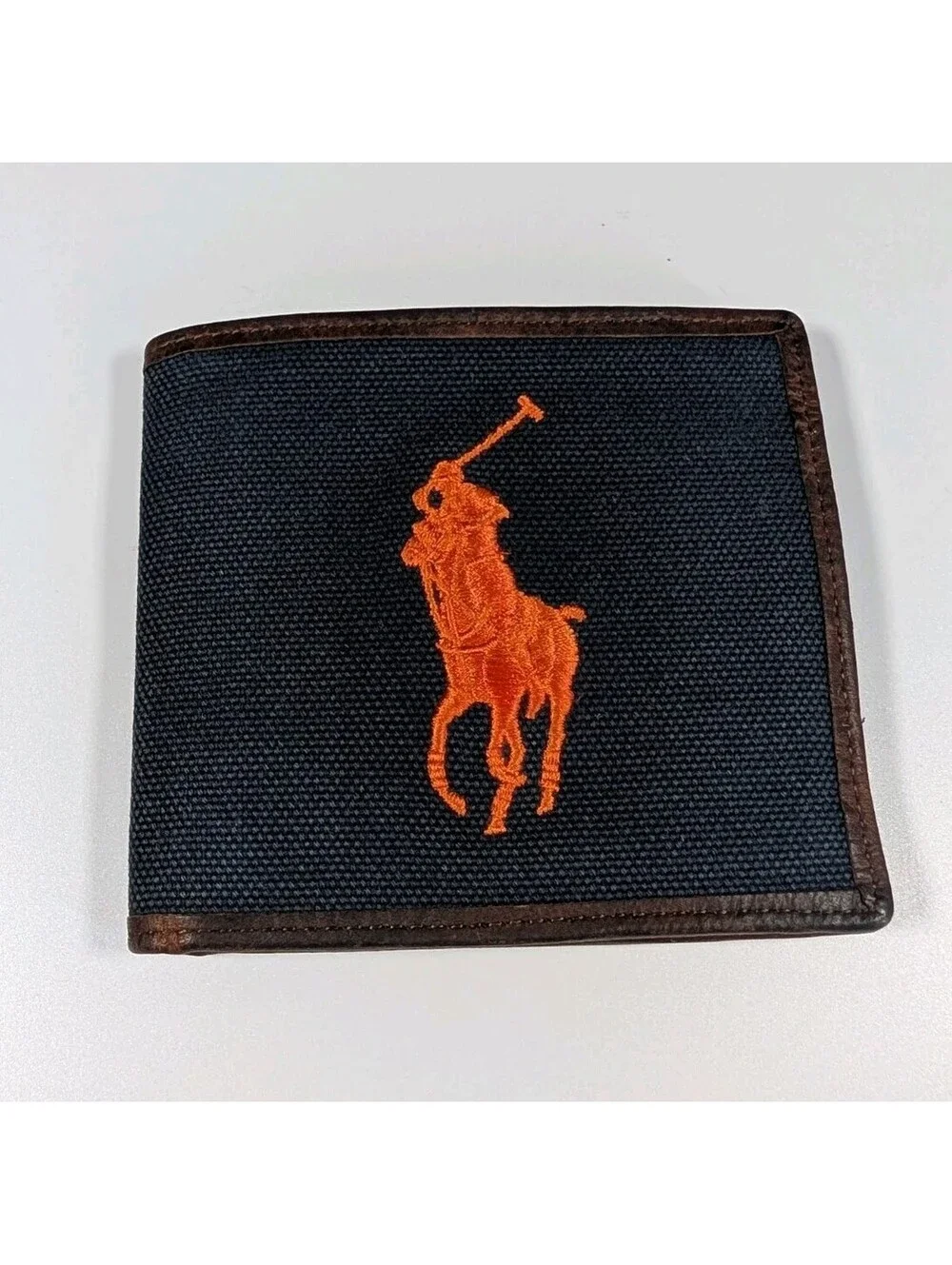 Polo Ralph Lauren Mens Navy Brown Canvas Leather Bifold Wallet Pony Logo Classic